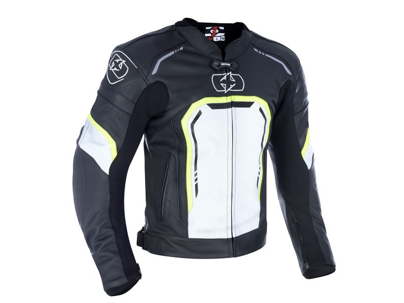 OXFORD Strada MS Leather Sports Jacket Black/ White/ Fluo click to zoom image