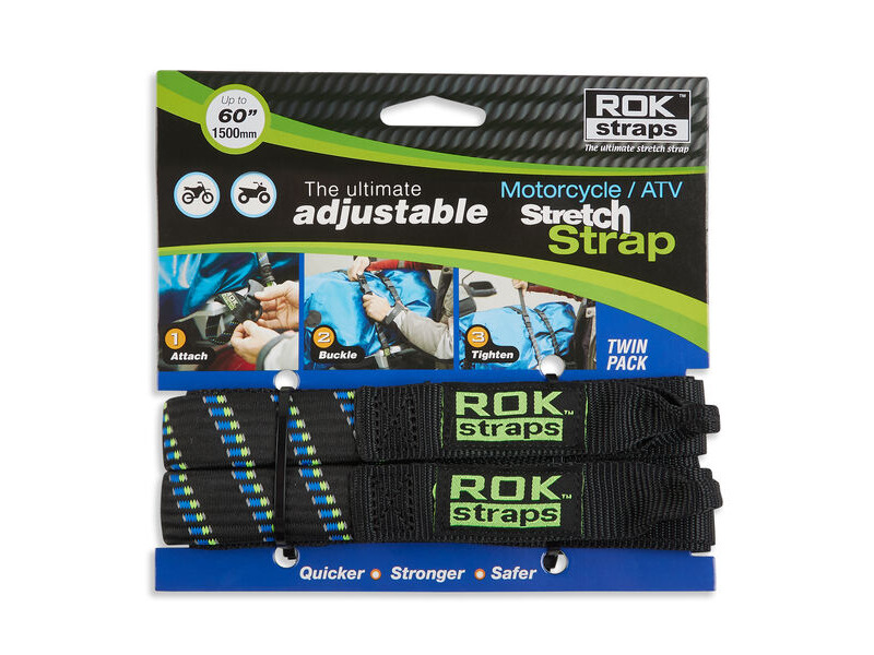 ROK STRAPS Motorcycle Adjustable Stretch Strap Blk/Blu/Grn 2 Pack (ROK001) click to zoom image