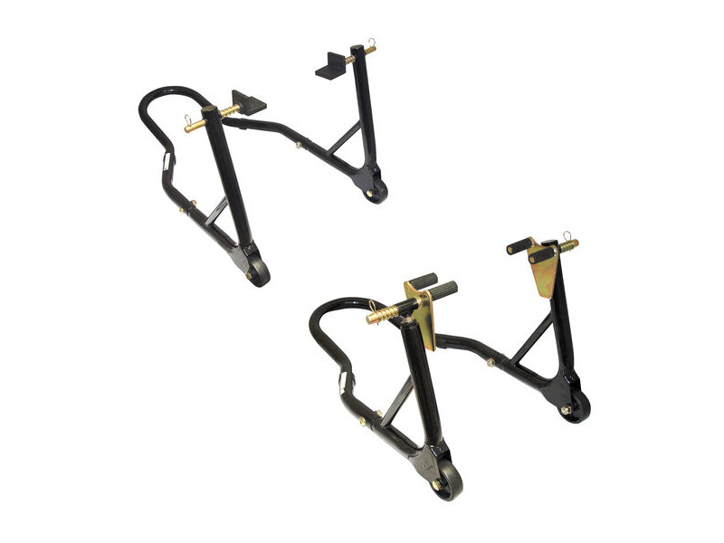 MotoGP Round Tubing Front And Rear Track Paddock Stand Set - Black click to zoom image