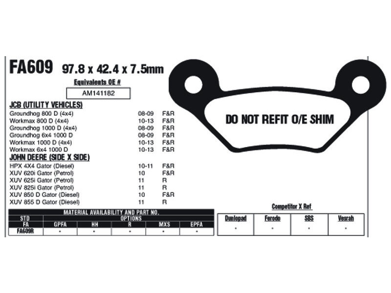 EBC BRAKES Brake Pads FA609R-SPECIAL ORDER click to zoom image